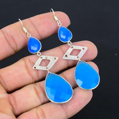 Blue Sapphire Stone Hook Engagement Drop Mother Earrings Jewelry Sterling Silver