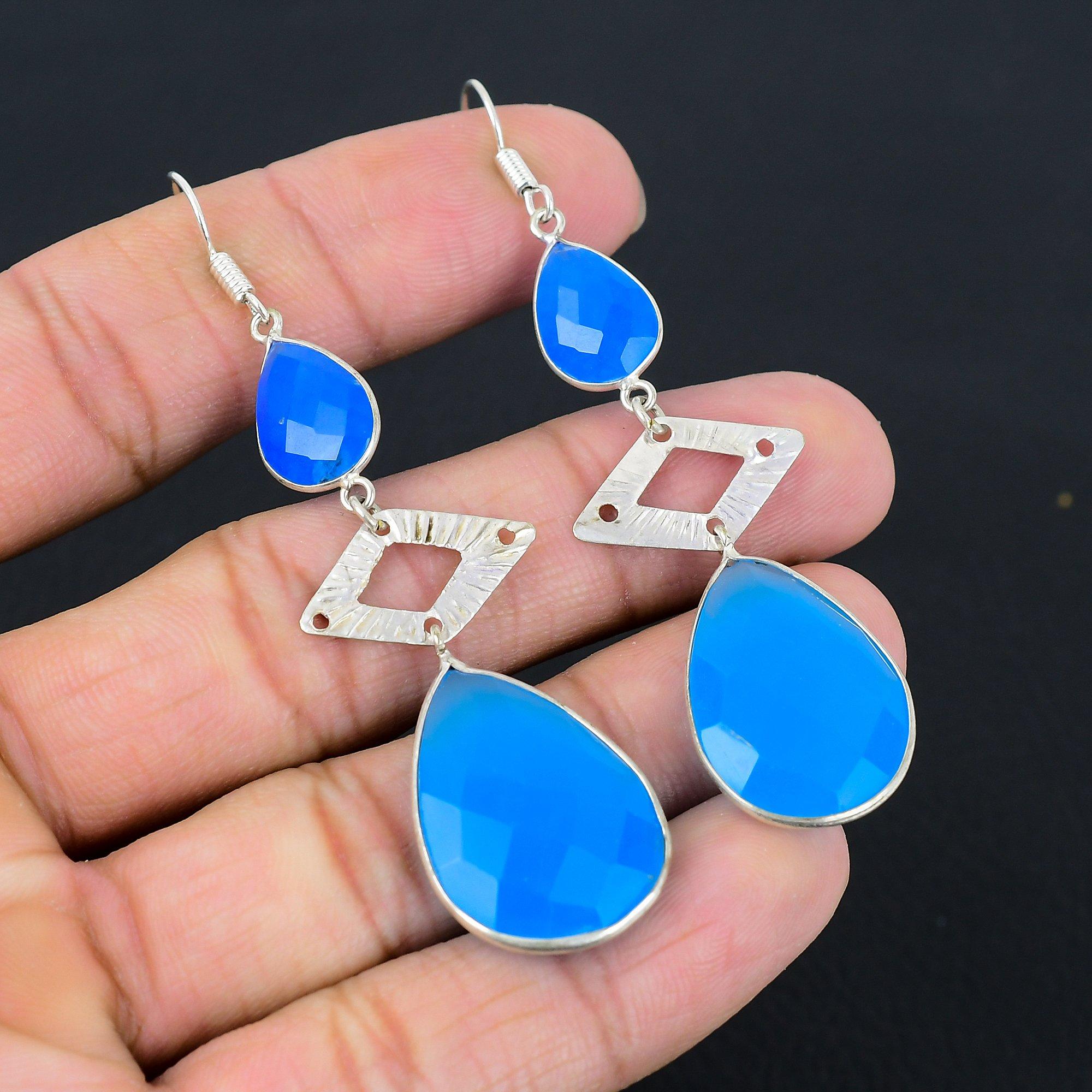 

Blue Sapphire Stone Hook Engagement Drop Mother Earrings Jewelry Sterling Silver