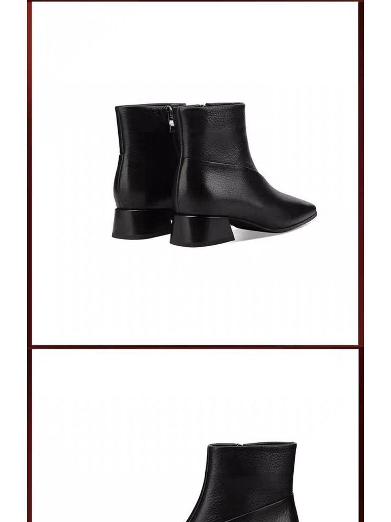 2025 Women's Soft Leather Mid-Heel Square Toe Boots with Velvet Lining for Autumn and Winter
