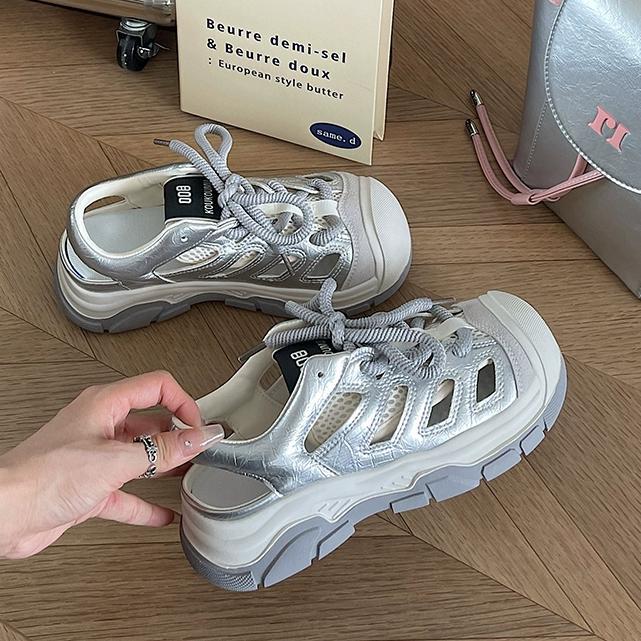 

Baotou sports lazy shoes women s summer outer wear hole shoes thick sole new hollow ugly cute non-slip mountaineering 40 серебряный