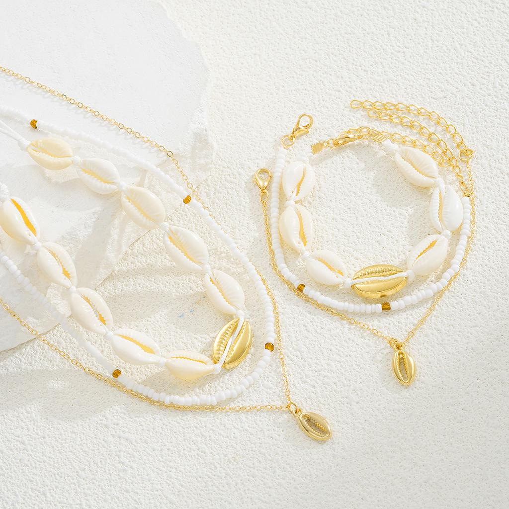 6Pcs/Set Seaside Shell Rice Beads Necklace Bracelets Set for Women Vintage Gold White Color Stacked Jewelry Set Beach Party Gift
