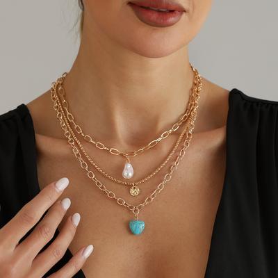 European and American Jewelry Retro Turquoise Love Three-layer Necklace, Personalized Fashion Party Daily Wear Collarbone Chain