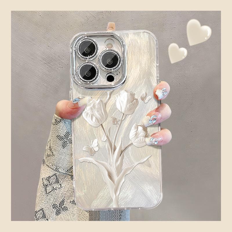 The White Tulip Chain Is Suitable for The Apple 16pro Tulle Phone Case with Bracket 15 High-end Feel 14/13 Lens Film