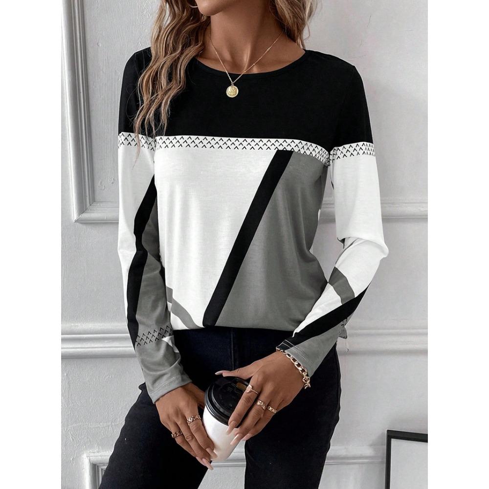 GMXIA Women's Pullover Round Neck Color Contrast Patchwork Geometric Print Top T-shirt