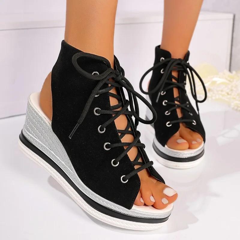 Fashion Wedge Sandals Women Summer New Round Toe Open Toe Front Strappy Platform Non-Slip Wear-Resistant Back Empty Heels Shoes