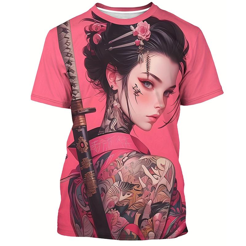 Men's Short Sleeved 3D Printed Cartoon Female Warrior Pattern T-shirts Casual Round Neck Short Sleeved Fashion T-shirts