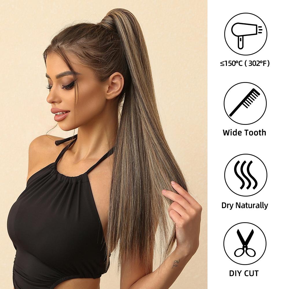 EASIHAIR Long Straight Wrap Around Clip In Ponytail Hair Extension Synthetic Pony Tail Fake Hair Brown Blonde False Afro Hairpieces Wig