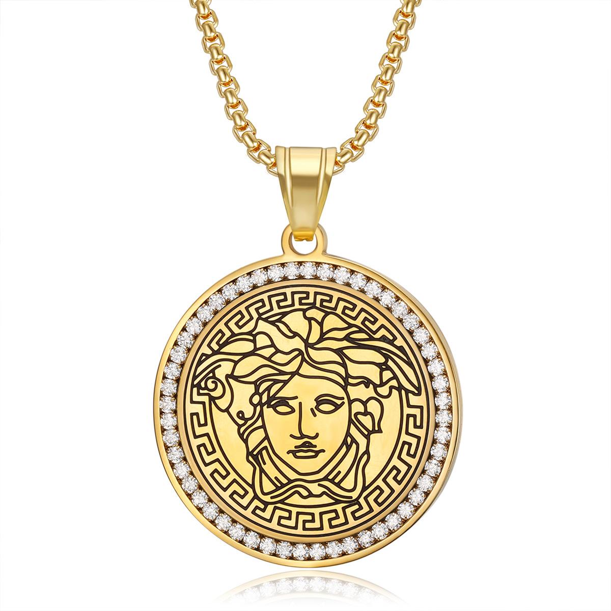 Retro Fashion Greek Mythology Round Pendant Necklace 2026 Jewelry Trend Inlaid Zircon Men s Party Jewelry Accessories 60CM