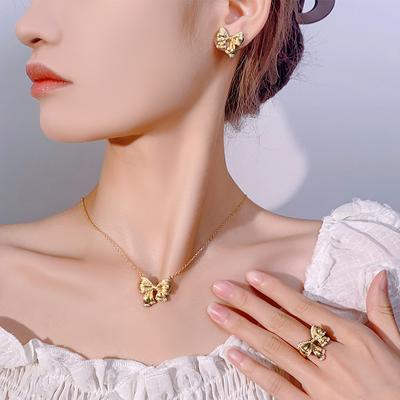 Accessories Jewelry Set Lace Bow Design Vintage Brushed Women'S High Sense Necklace Earrings Ring
