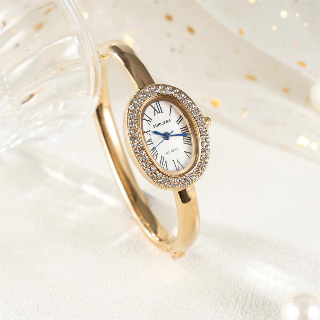 New Luxury Elegant ladies' Bracelet Wrist Watch Roman Numeral Inlaid Rhinestones Oval Waterproof Women's Quartz Watch Reloj