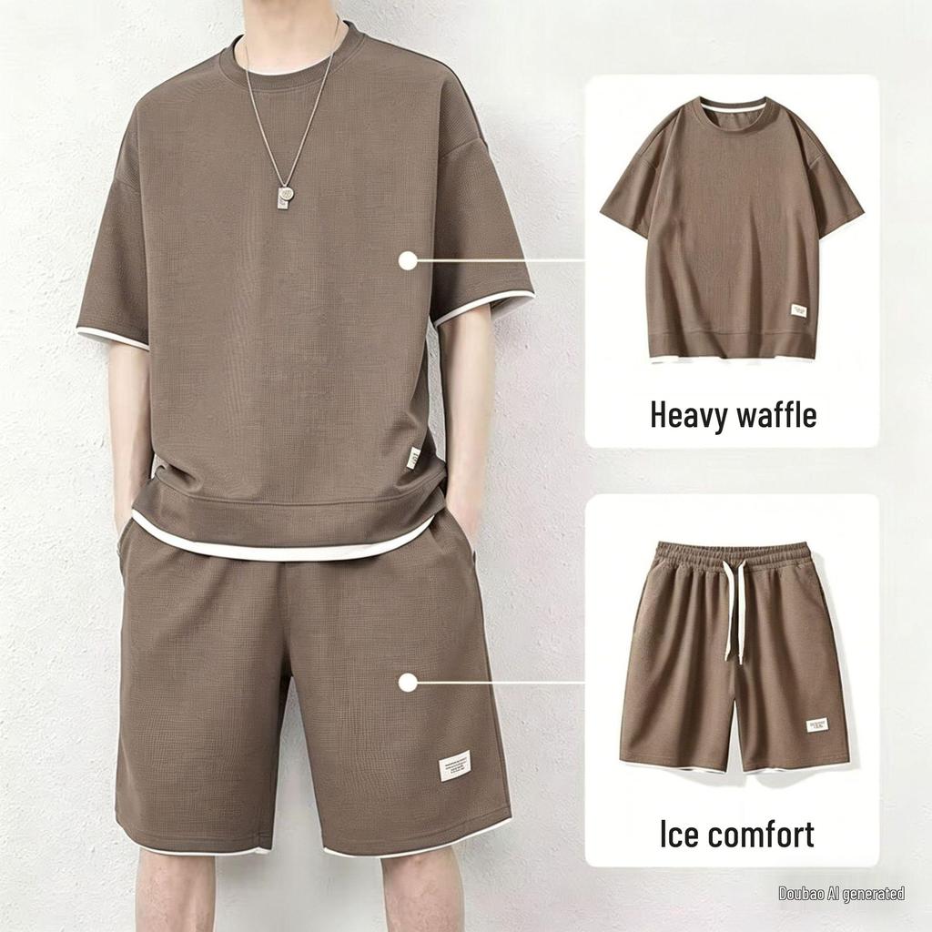 Conjunto Masculino de Verão Camiseta Tricô Waffle e Shorts Seda Gelo