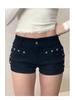 Women's Low-Waist Black Denim Rivet Shorts - 2026 Summer A-Line Trend