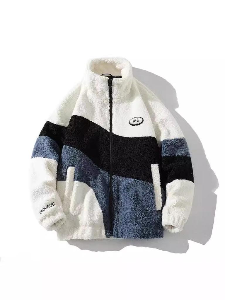 Men's Trendy Lamb Wool Jacket: Autumn/Winter Stand-Up Collar, Color Block Design, Unisex Fleece Coat