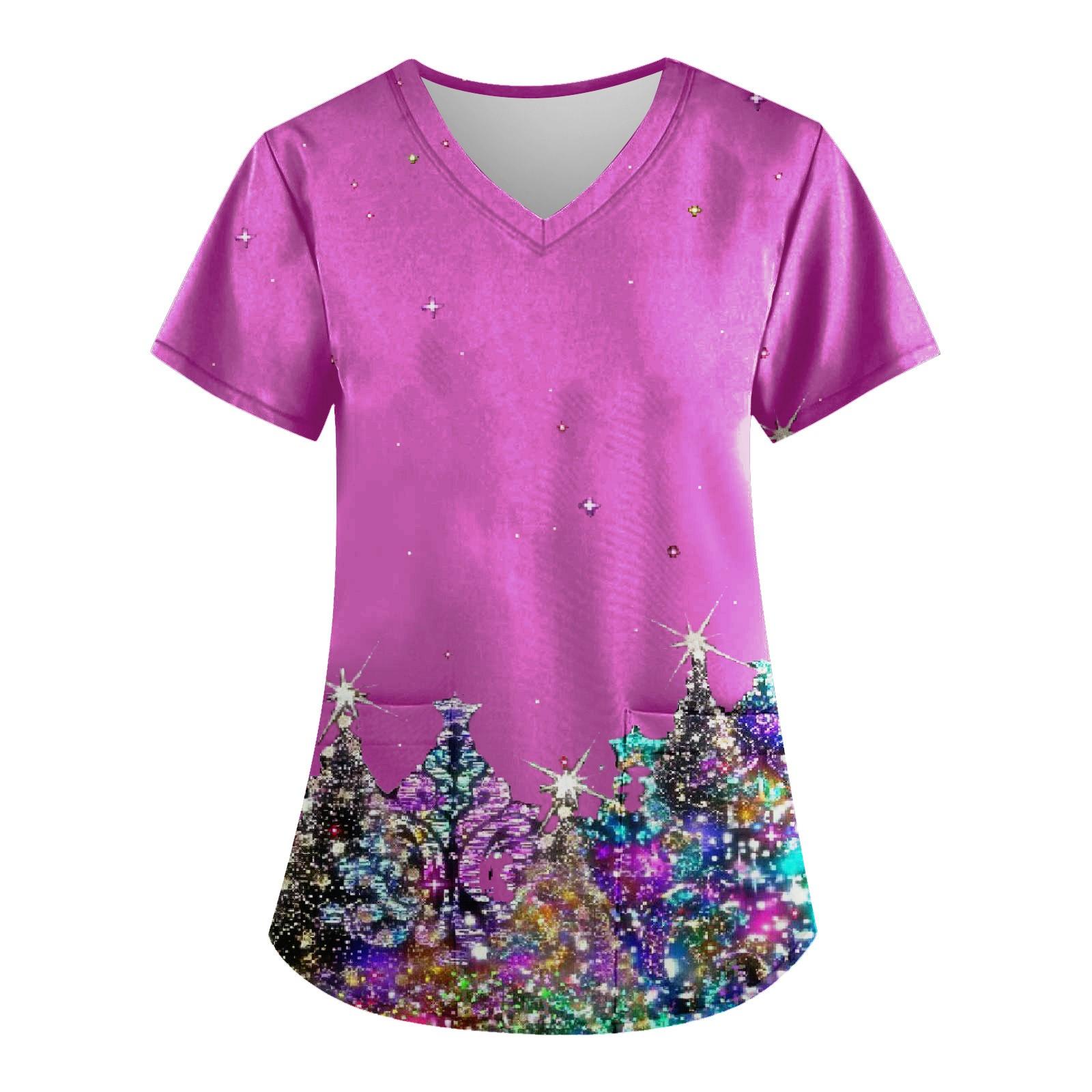 

Women s Fashion Christmas Printed Work Uniform With Pocket T-Shirt Short Sleeve Top XXL