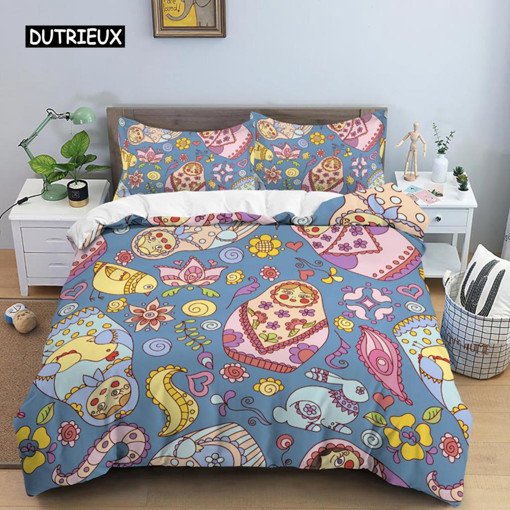 Russian Dolls Duvet Cover Set Microfiber Cute Pattern Comforter Cover Russian Exotic Style for Kids Teen Double Queen King Size