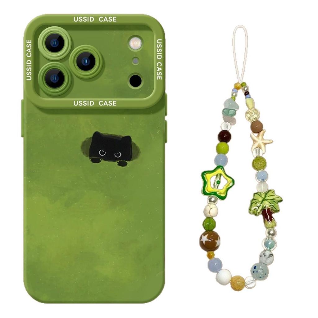 Green Silicone Spring Cat Phone Case with Lanyard, Compatible with iPhone 13, 14, 15, 16 Pro Max, and 17.