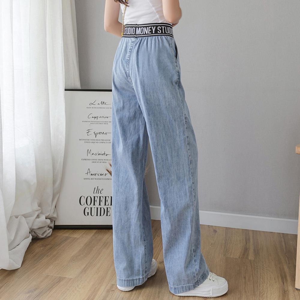 Versatile denim wide-leg pants women's spring and autumn thin loose high-waisted elastic-waisted floor-mopping pants straight-down pants