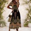 Women Plus Size V Neck Short Sleeve Red Black Striped Printed Long Straight Dress