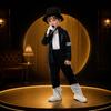 Musician Halloween Costume Set for Kids, Black Sequin Jacket, Trousers, Hat, Gloves, 80s 90s Retro Stage Outfits for Disco Party, Fancy Dress