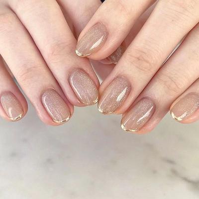24Pcs/Set Quick Nails Short Glitter French Gold Edge False Nials Sticker Wearable Waterproof Manicure Finished Nails
