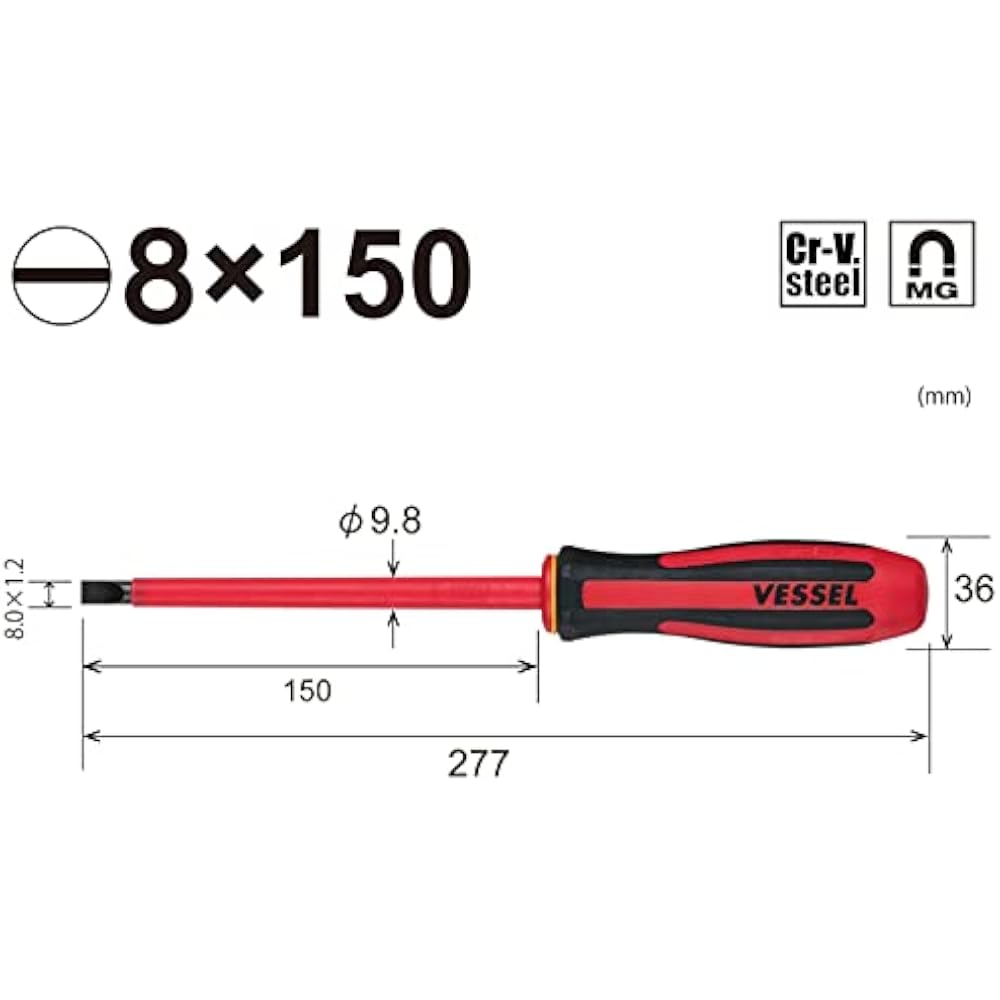 VESSEL MegaDora Insulated Screwdriver - 1.2 × 8 × 150, Electric Shock Protection, VDE Certified, 960