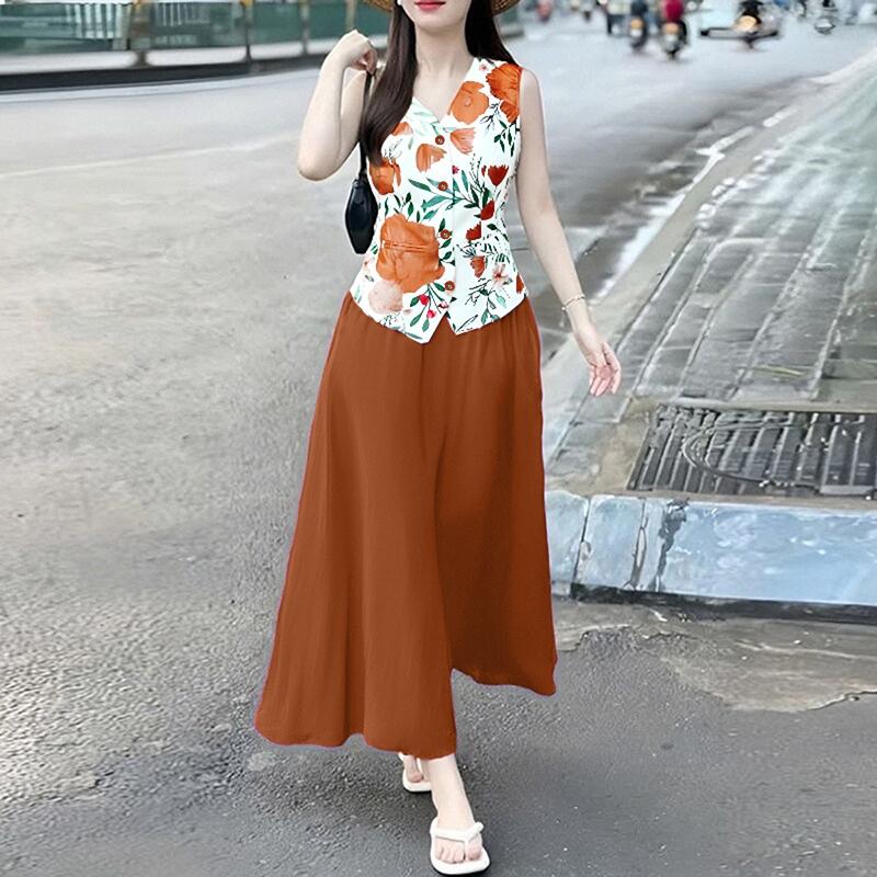 

ZANZEA Женские топы без рукавов с принтом и юбки Летние костюмы-двойки 4XL оранжевый