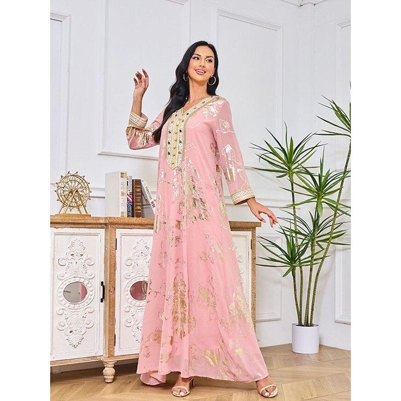 Middle East Spring New Arrival Bronzing Gem Fashion Robe Dubai Turkey Containing Belt Pink Dress Dress