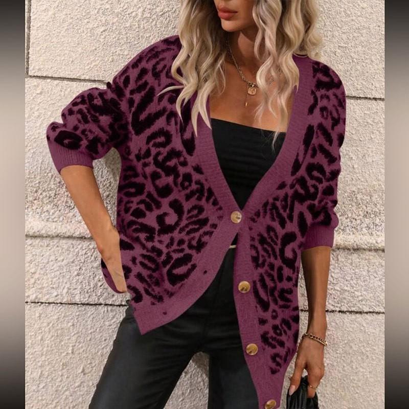 Womens Oversized V-Neck Leopard Print Knit Cardigan Long Sleeve Casual Sweater Winter