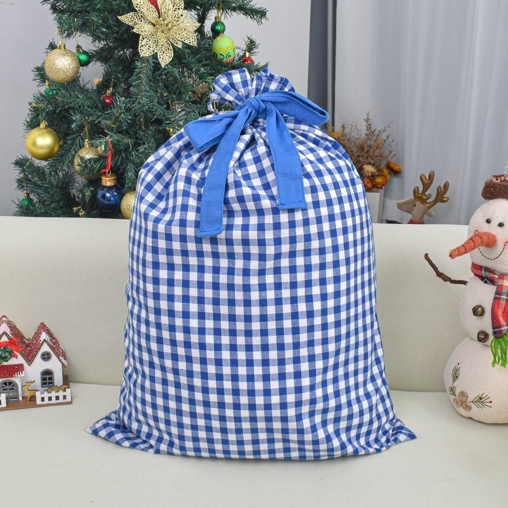 Plaid Pattern Christmas Santa Sack Drawstring Closure Reusable Drawstring Christmas Sack Wide Opening Christmas Present Bag