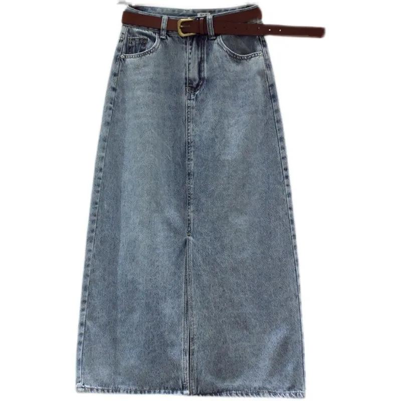 Women Denim Skirt Spring Summer Autumn Fashion Casual Elegant Button Split High Waist Knee Length Slim Bodycon Package Hip Pencil Jean Midi Skirt Blue