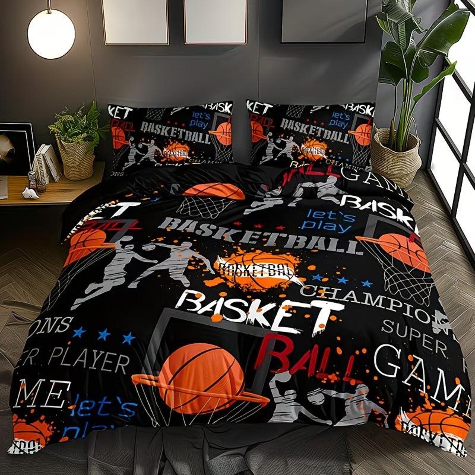 3pcs Stylish Cartoon Basketball Sports Letter Digital Print Duvet Cover Set boys gifts 200x200cm
