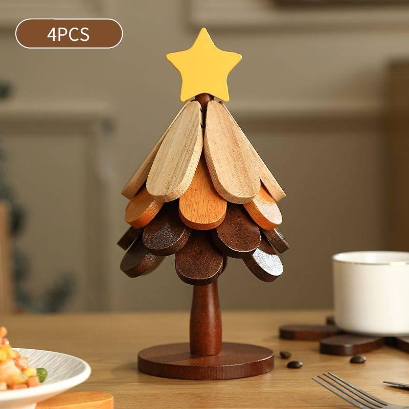 Foldable Christmas Tree Insulation Mat Set Wooden Kitchen Heat Resistant Pot Mat With Organizer Rack