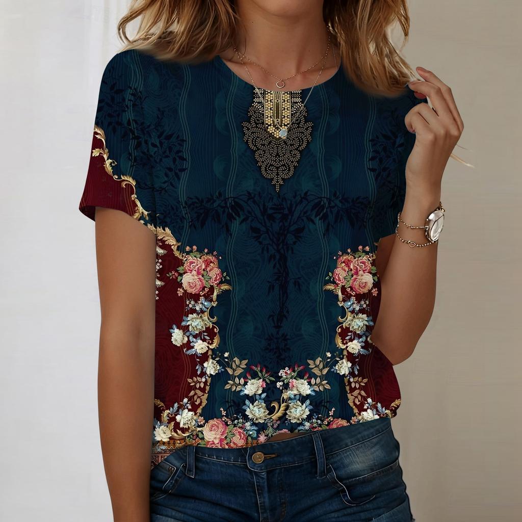 Women's Fashionable Casual Short-sleeved, Retro Printed Round-neck Top