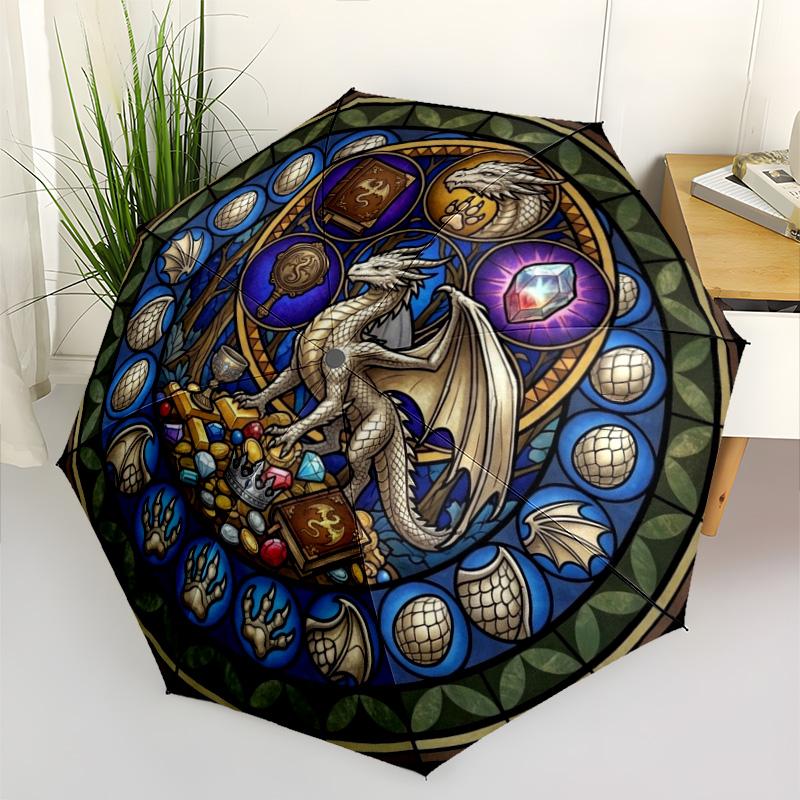 Dragons Treasures Pattern Umbrella, Portable and Foldable Design, 8 Ribs, a Casual Accessory for Halloween, Christmas, and Birthday Gifts.