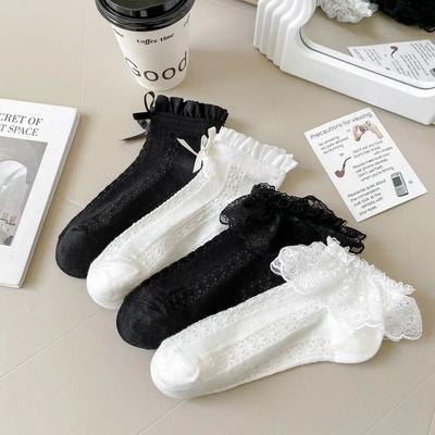 Spitzenrüschensocken für Damen, süße Schleife, süße Mädchen-Lolita, Kawaii-Prinzessinnensocken, ausgehöhltes Netz, dünn, atmungsaktiv, schwarz, weiß, kurze Socken