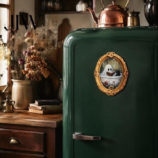 Cute Ghost Oil Painting Magnets Vintage Halloween Fridge Magnet, Retro Gold Frame Refrigerator Decoration Decorative Magnetic Photo Frames with Strong