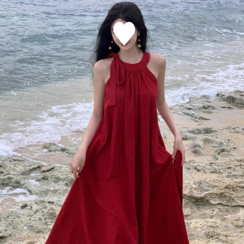 Holiday style sleeveless neck red dress women s summer Yunnan Sanya seaside vacation atmosphere long dress S