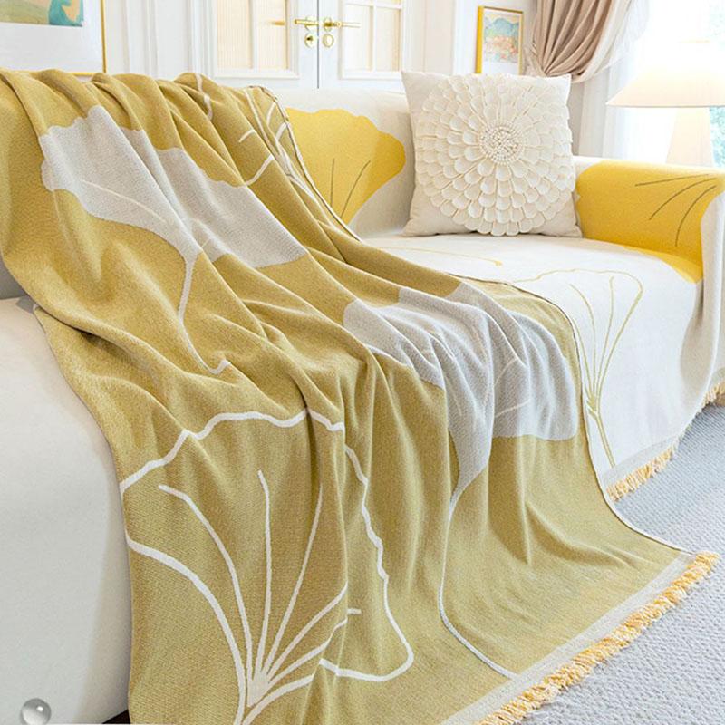 Pastoral Gingko Leaf Printed Tassel Sofa Towel All-Inclusive Sofa Cover for Four Seasons Dust-Proof Couch Slipcover for Home