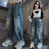 Girls' Jeans Dad's Pants Stylish Embroidery Straight Tube Radish Girls' Big Boys' Harem Pants