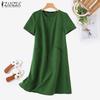 ZANZEA Damen Sommerkleid mit V-Ausschnitt, einfarbig, lässig, kurzärmelig