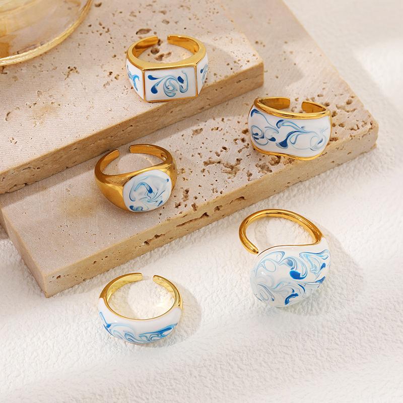 Blue Flower Enamel Drip Oil Ring Vintage Adjustable Blue And White Porcelain Ring Chinese Style Copper Irregular Opening Ring