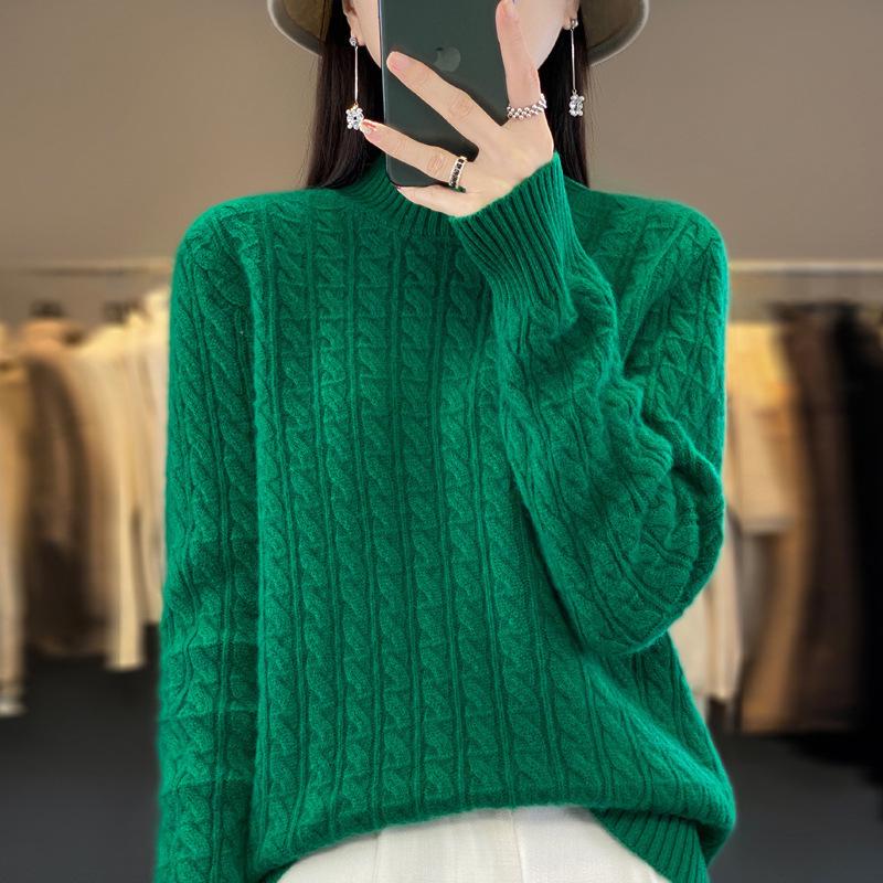 2023 Autumn/Winter Women's Korean Wool Cable Knit Round Neck Sweater