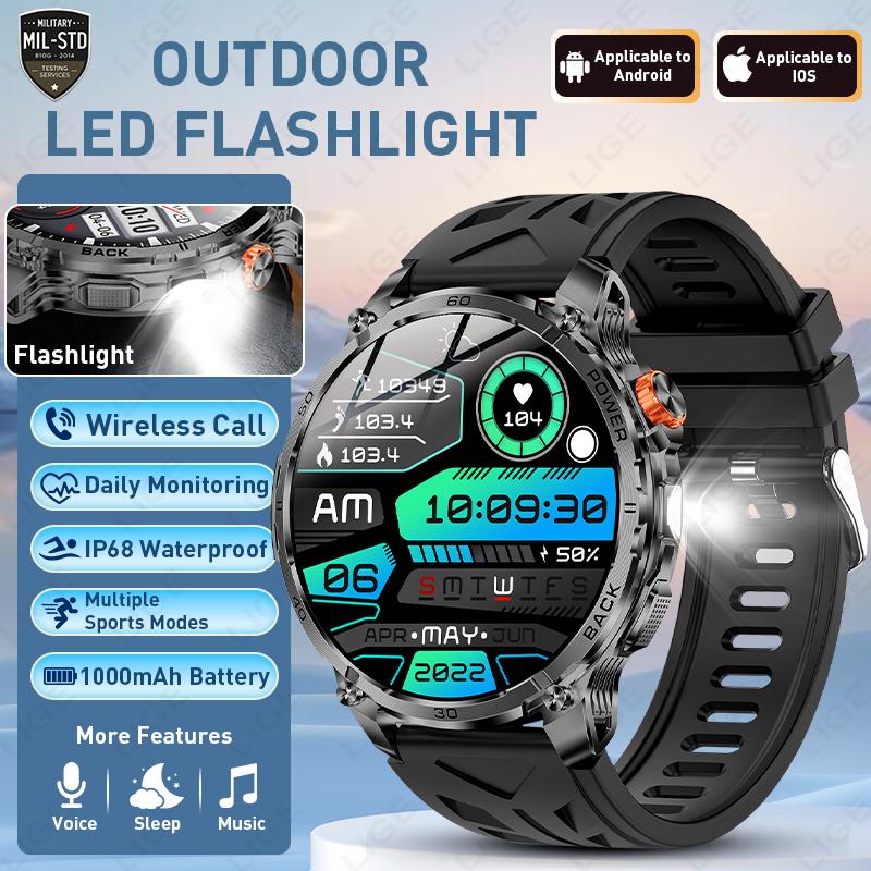 New Men Military Outdoor 1000mAh Battery Smart Watch Flashlight IP68 Waterproof 1.7-Inch HD Bluetooth Call Smartwatch