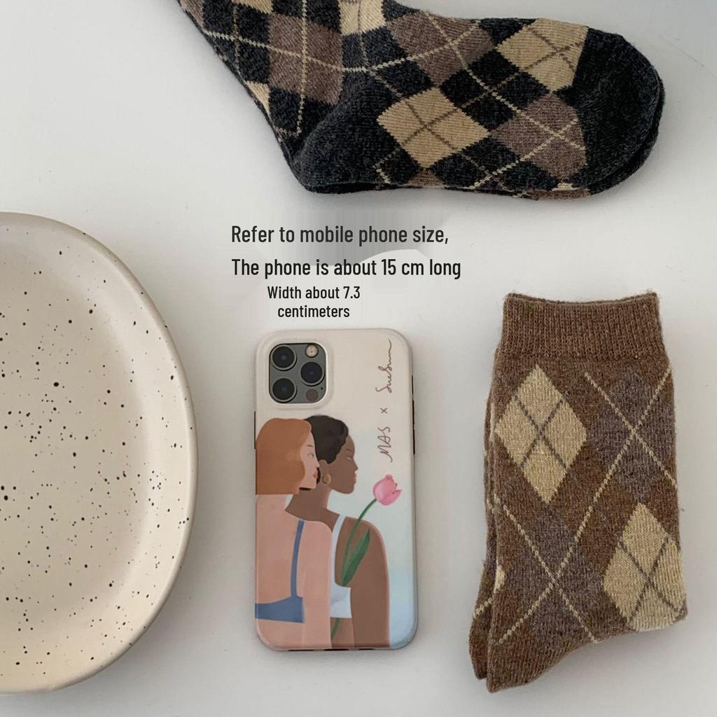 Calm Intellectual Women's Japanese Plaid Winter Wool Socks - Thick Warm Mid-Calf Celebrity Style