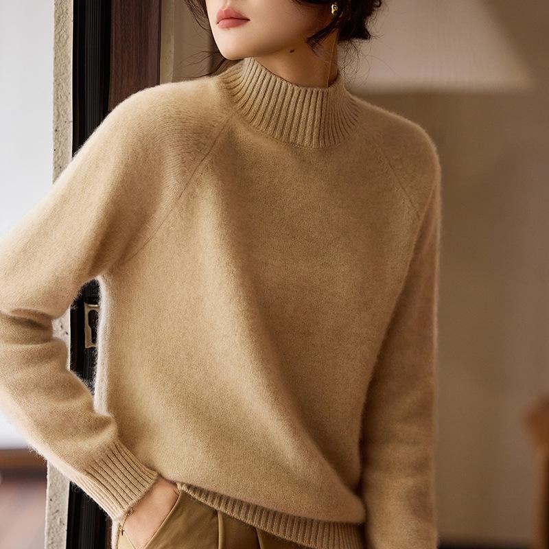 Women's Pure Wool Half-High Collar Sweater - Autumn/Winter 2025, Casual Loose Fit, Thickened Base Layer