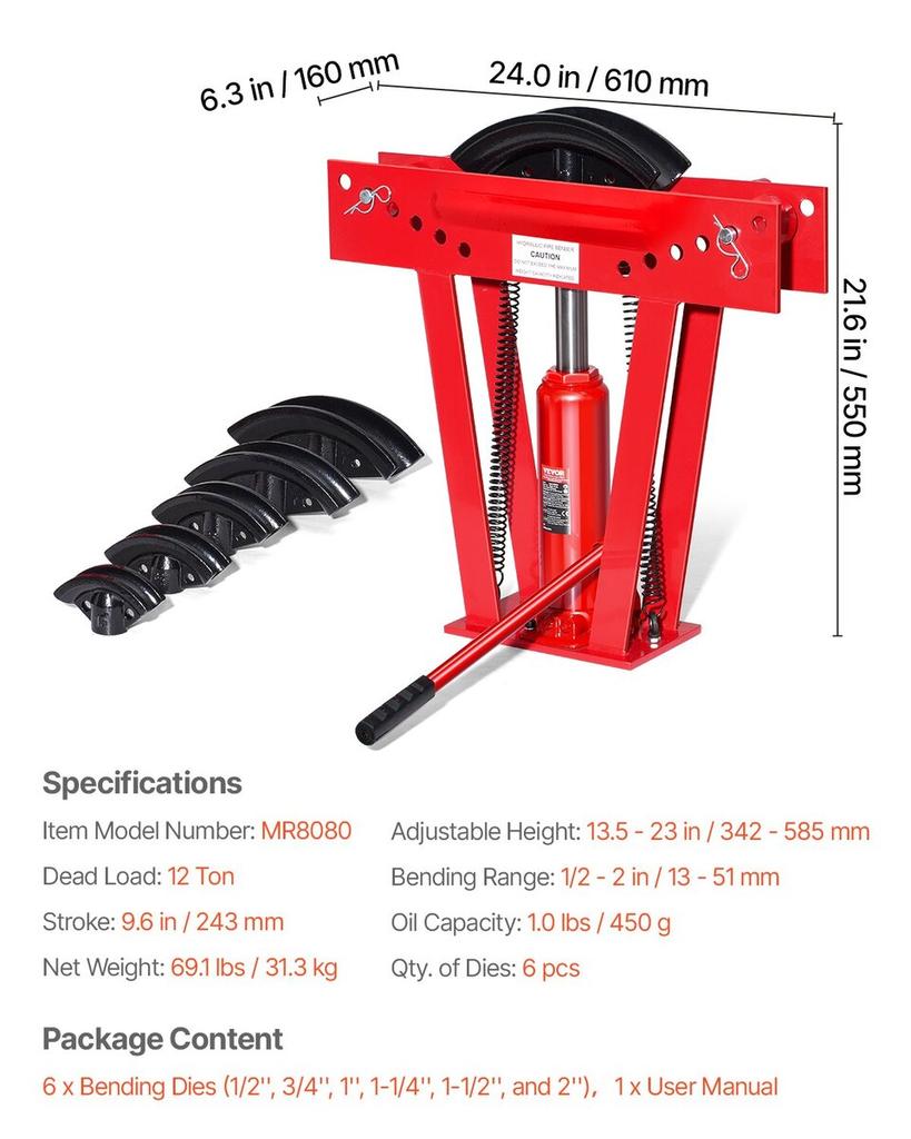 Hydraulic Pipe Bender, 12 Ton Manual Pipe Bending Tool with 6 Dies