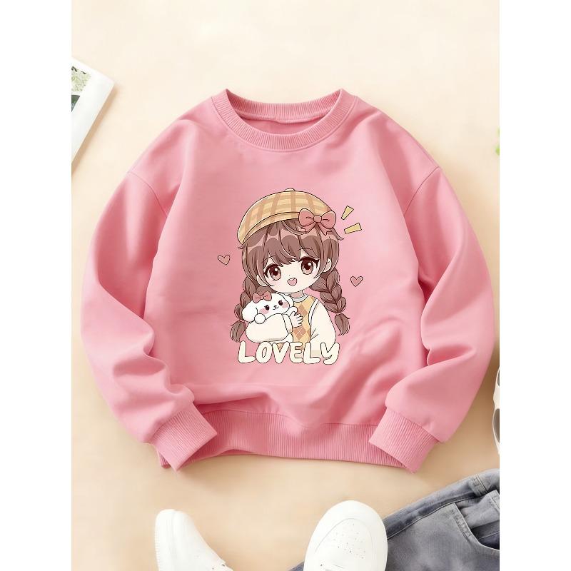 Kids Crewneck Long Sleeve Sweatshirt, Lovely Healing Print of Girl Hugging Rabbit