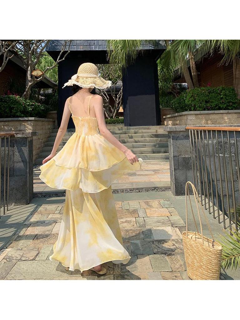 Sunset Fairy Long Slim Fit Spaghetti Strap Dress for Women - Summer Beach Vacation