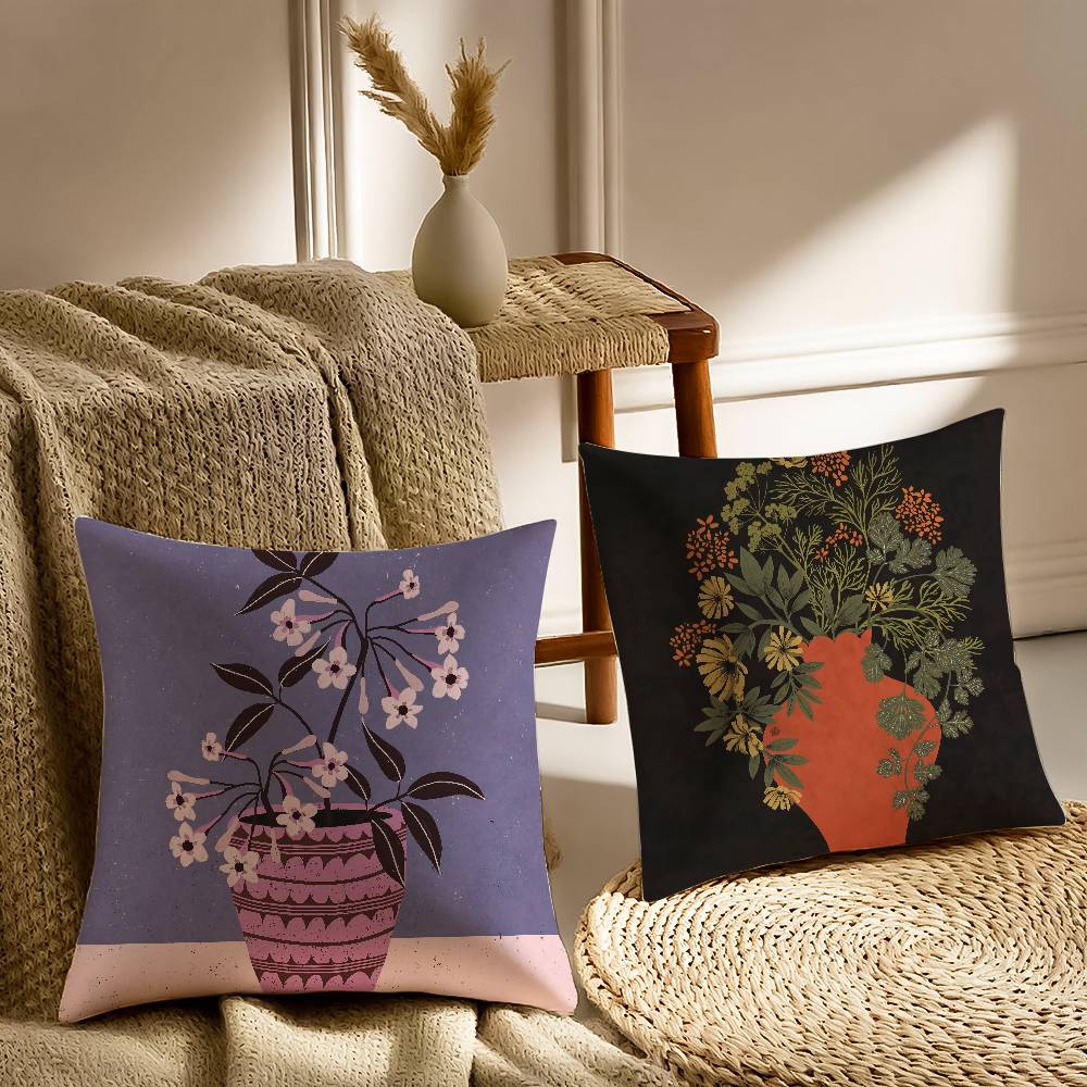Vintage Vase Print Pillow Case Sofa and Living Room Decorative Cushion Covers Dust-proof and Mite-proof Invisible Zipper