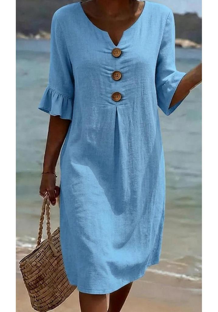 Abito Europeo in Cotone e Lino con Scollo a V, Bottone Grande e Maniche Arricciate per Donna - Collezione Primavera/Estate 2026